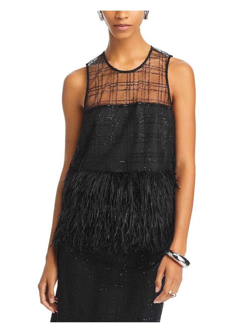 NWT Cinq a Sept Charisse Sequin Plaid Top Black Size Medium